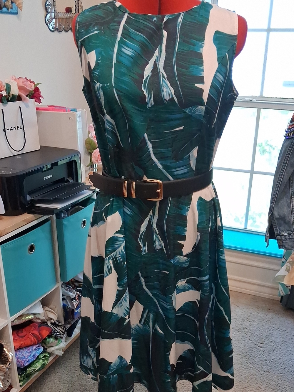 Green Leaf Print Sleeveless A-Line Dress